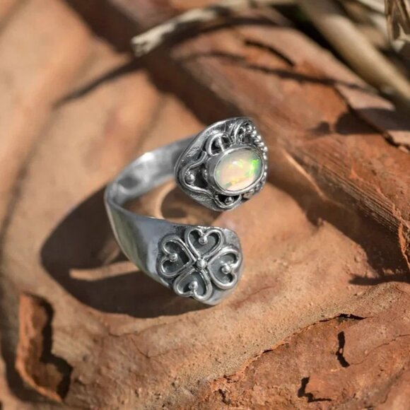 Oval Ethiopian Opal Sterling Silver Ring Adjustable Ring Sizes 5-9 Gift - Picture 1 of 1